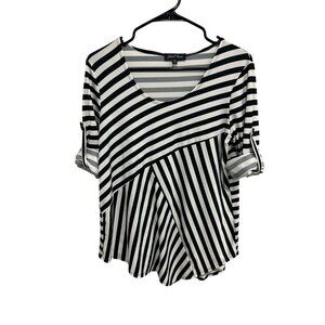 Slinky Brand Striped Roll Tab Sleeve Blouse Black White Sz XS Monochrome